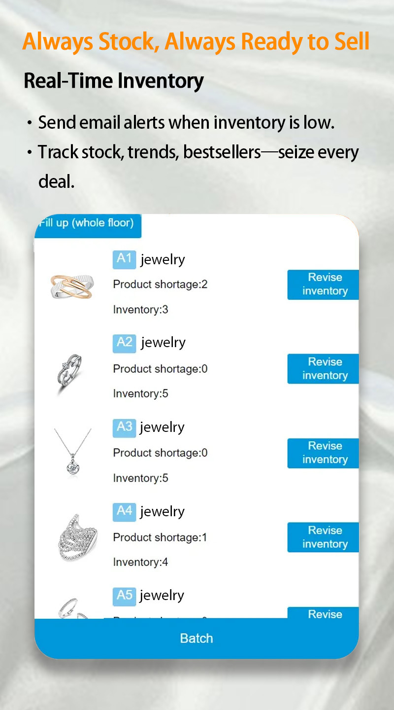weimi self-service jewelry vending machine with real-time inventory checking. Retailers can track stock levels and sales trend via our smart software system.