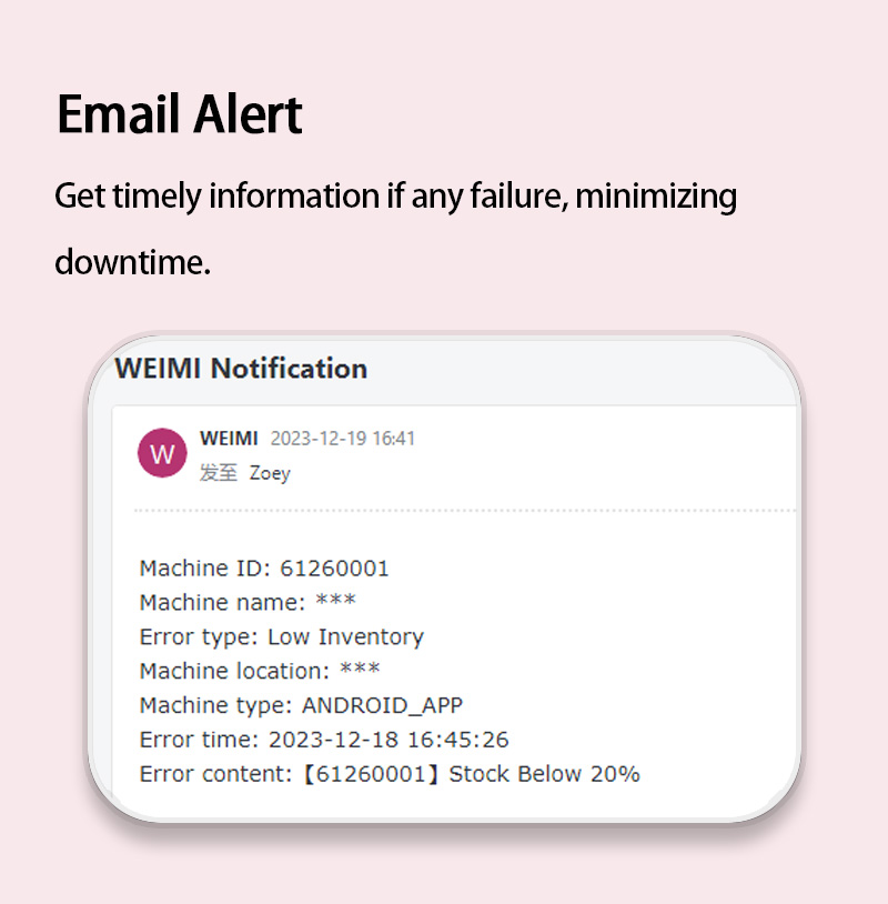 Weimi vending machine for scented candle can send emails alert to help retailers get timely information if any failure