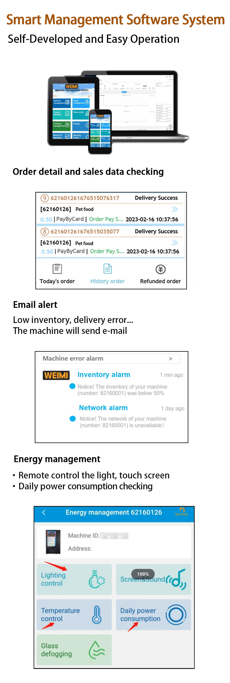 Weimi snacks vending machine with smart management software system to achieving easy 24/7 operation.