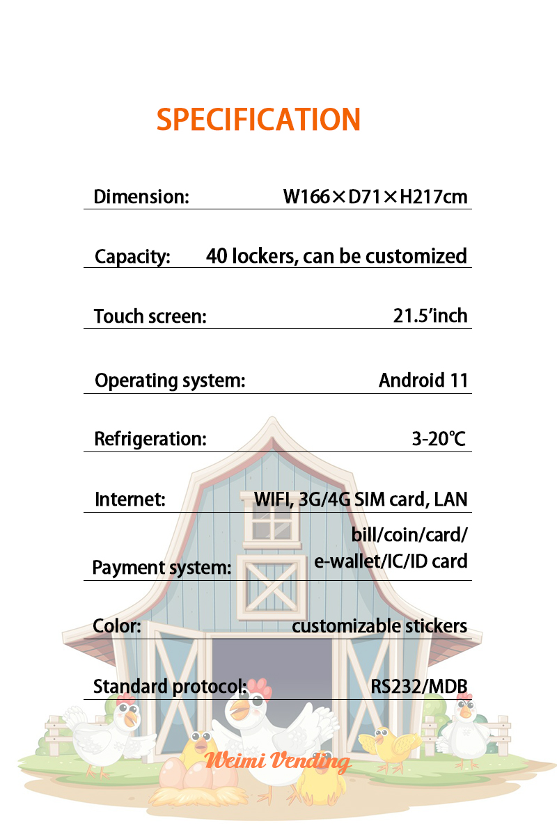 the specification of egg vending machine for farm products selling.our lockers size can be customized
