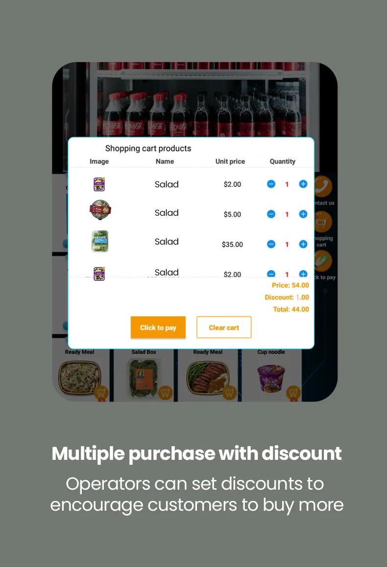 Le distributeur automatique weimi de grande capacité offre des achats multiples avec une remise, les opérateurs peuvent définir des remises pour encourager les clients à acheter davantage