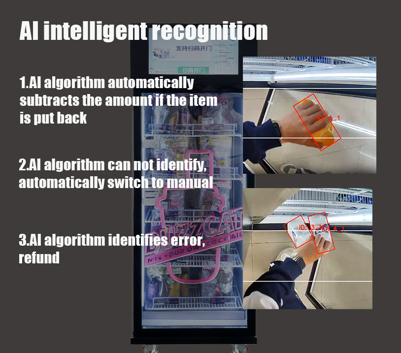 smart ai vending machine can identify shopping behavior.AI intelligent recognition automatically subtracts the amounts if the item is put back