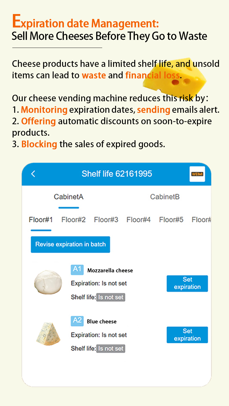 Weimi cheese vending machine to Philadelphia has the function of expiration date management. our cheese vending machine can monitor expiration dates and send emails for alert, offer automatic discounts on soon-to-expire products and block the sales of expired goods