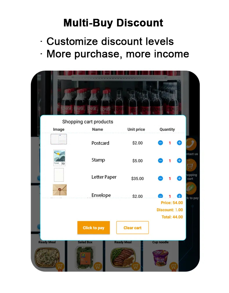 WEimi postcard vending machine with multi-buys discounts. This kind of postcard machine supports customizing discount levels to encourage more purchases
