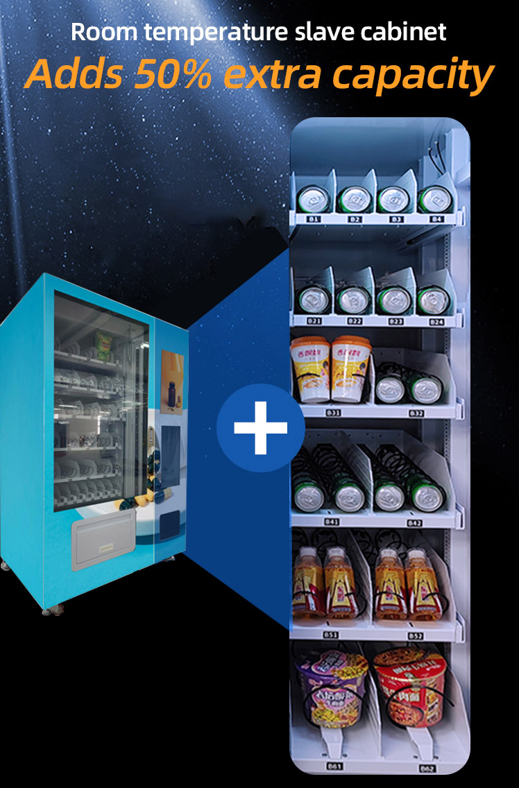 Distributeur automatique weimi combo pour collations et boissons. possède une armoire esclave à température ambiante, ajoutant 50 % de capacité supplémentaire pour plus de produits