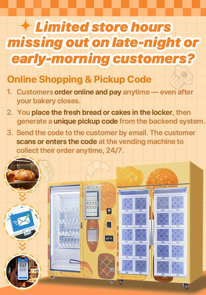 Weimi smart bread vending machine can expand your operation hours without extra staff. Online shopping & pickup code to serve customers during late-night or early-morning