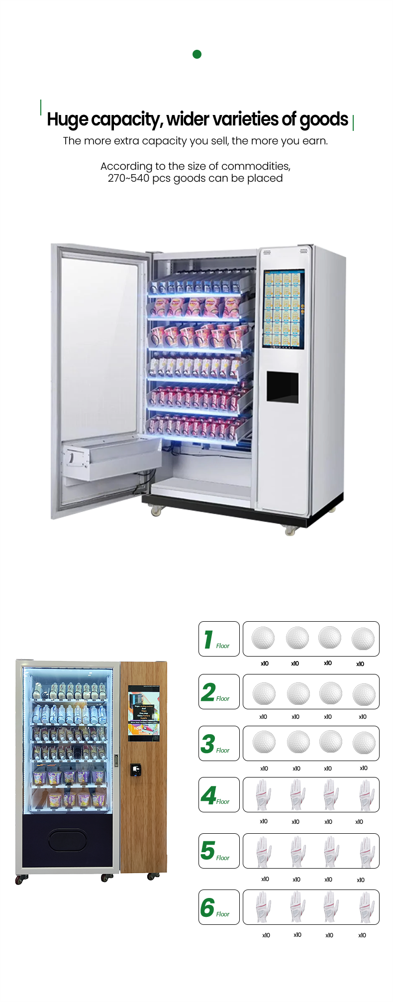 golf ball vending machine with huge capacity for wider varieties of goods