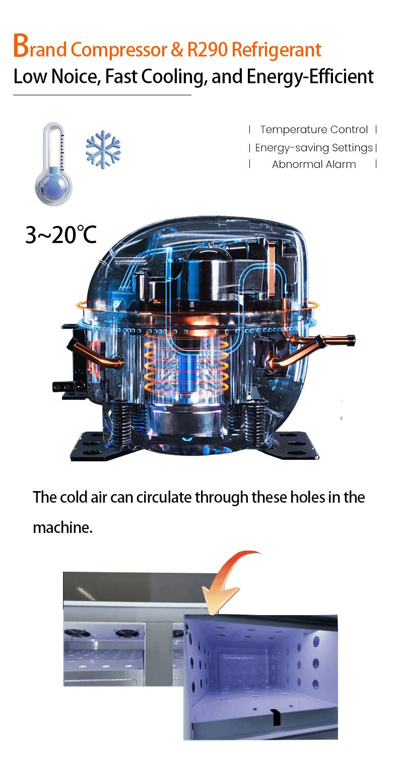 Cooling system for keeping eggs fresh, and the cold air can circulate through the holes inside the lockers