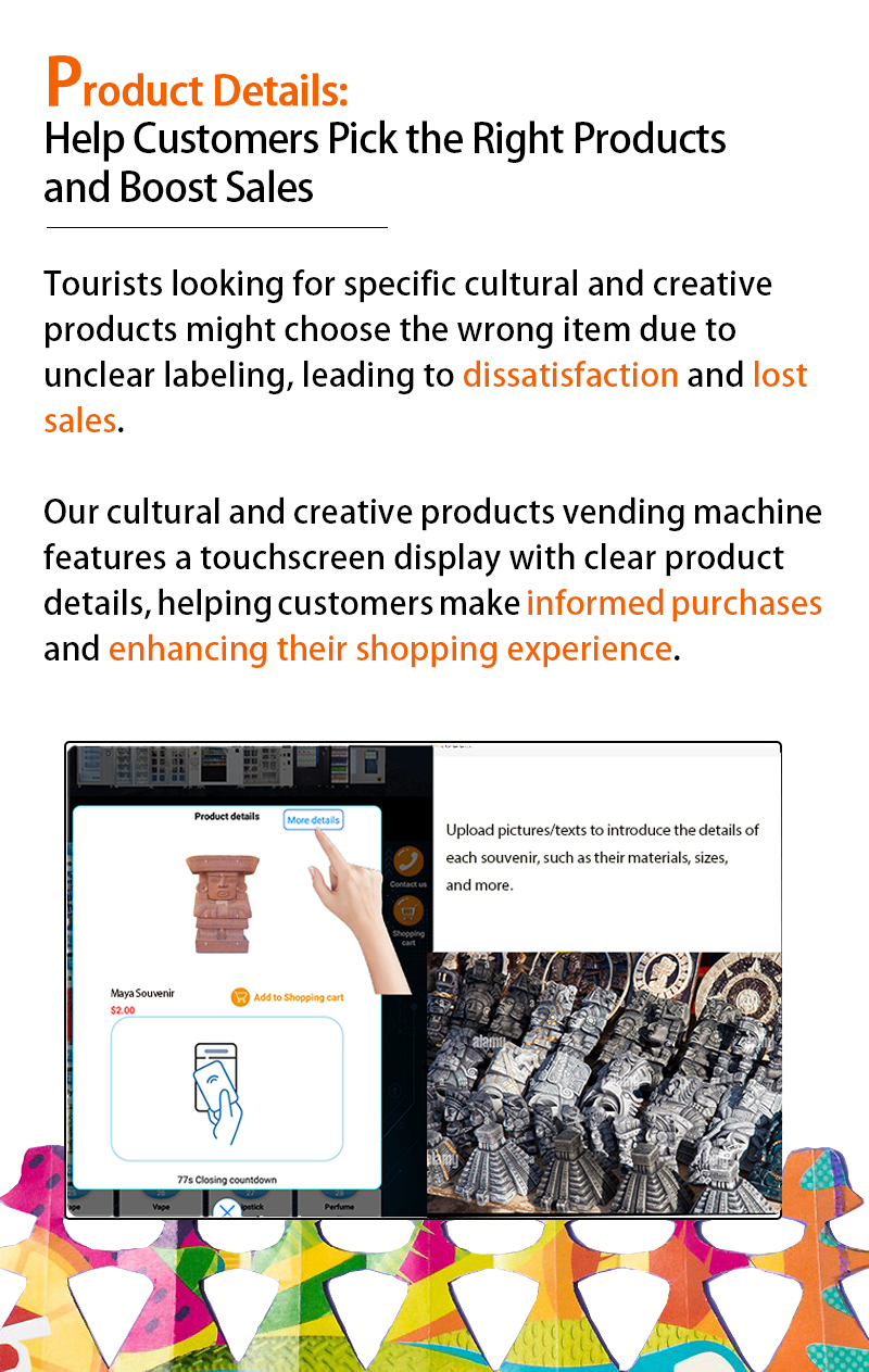Weimi souvenir vending machine with lockers in tourism spots. with the function of product detail checking to help customers make informed pruchases and enhancing their shopping experience