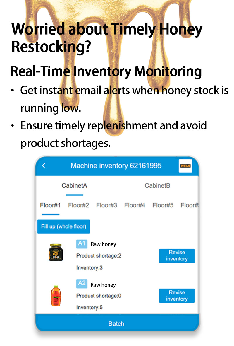 weimi drink vending machine for honey. get instant email alerts when honey stock is running low