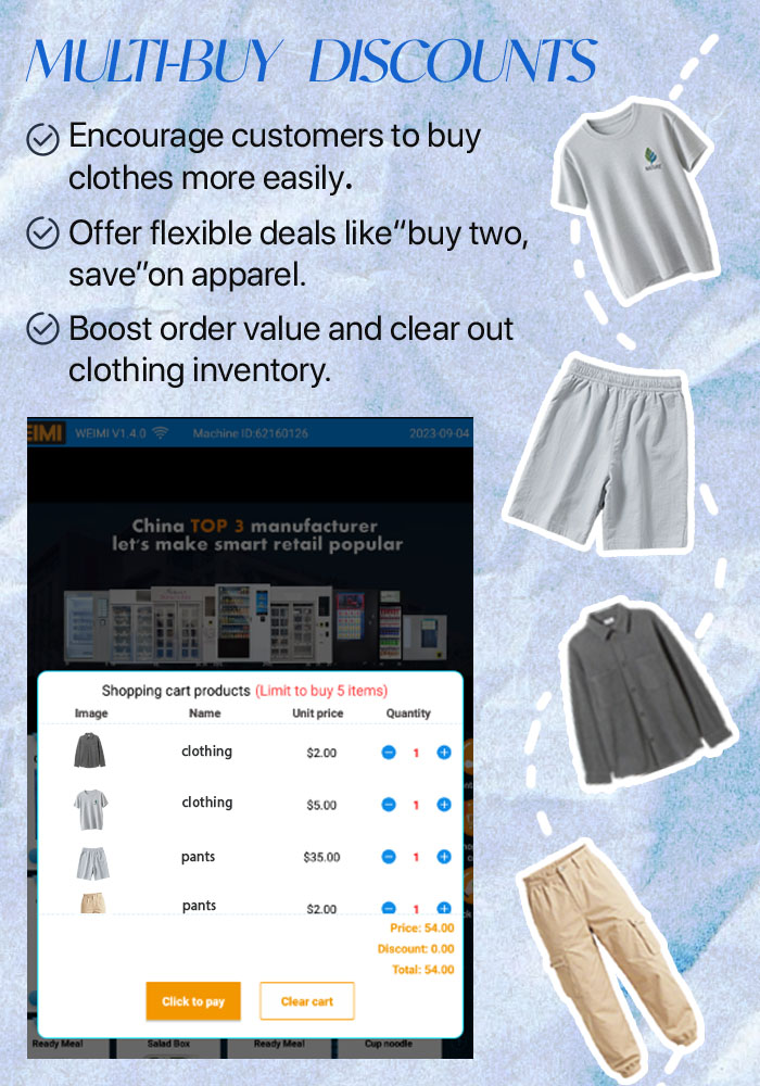 Weimi vending machine for clothes with multi-buy discount to encourage customers to buy clothes more easily