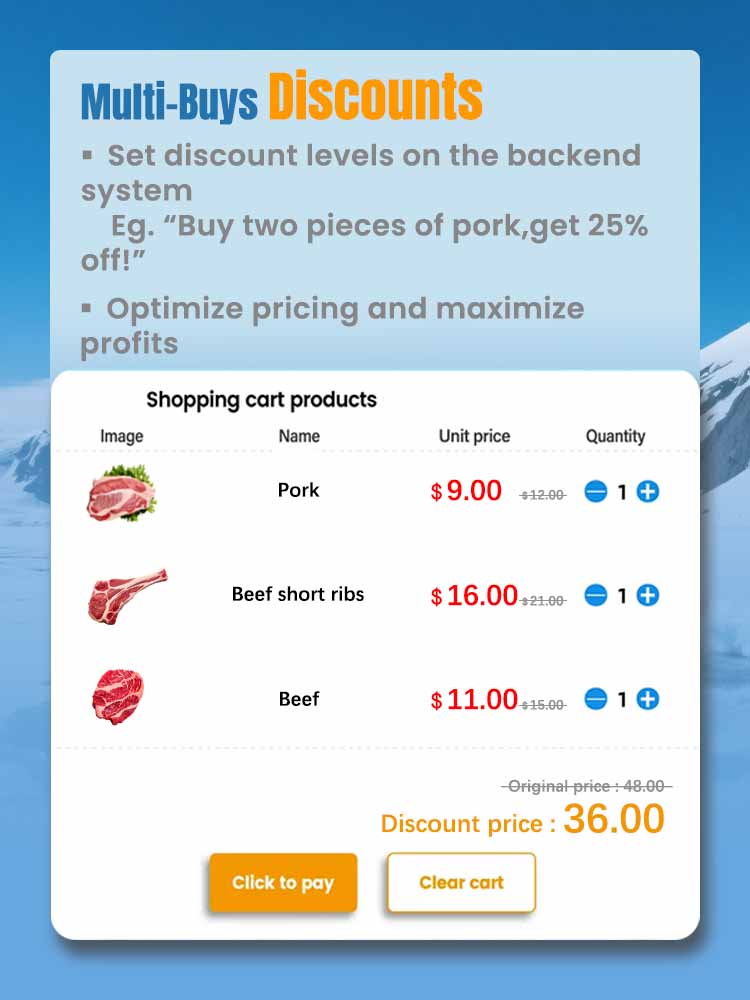 Weimi frozen locker vending machine with multi-buys discounts. Retailers can set discount levels on the back-end system for better optimizing pricing and maximizing profits