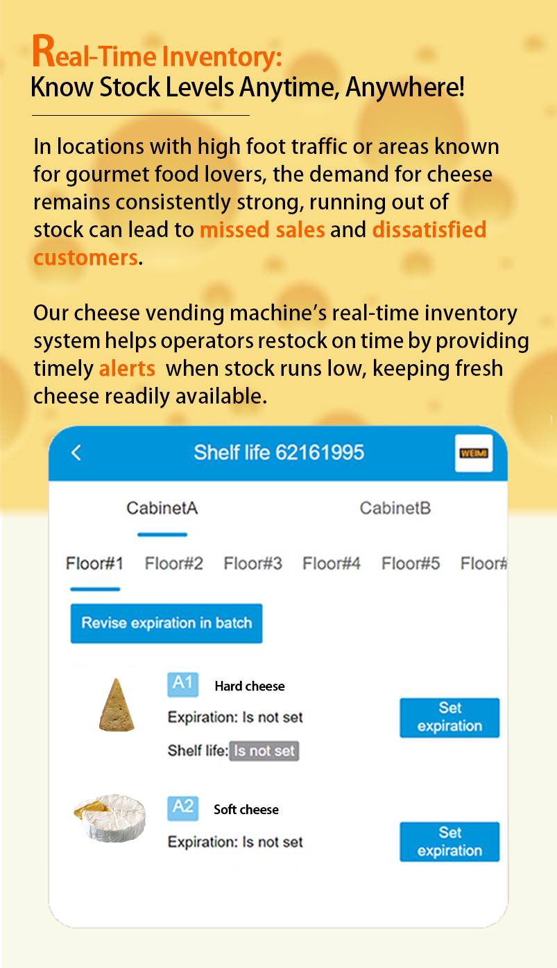 Weimi perrystead dairy vending machine with the function of real-time inventory. our cheese vending machine's real-time inventory system helps operators restock on time by providing timely alerts when stock runs low, keeping fresh cheese readily available.