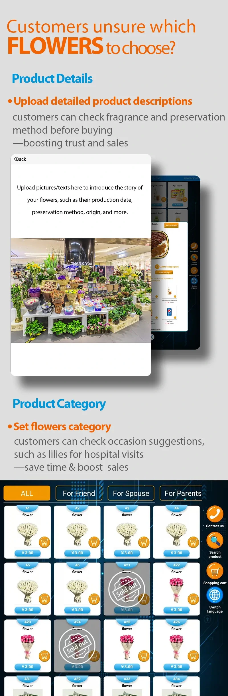 Weimi bouquets vending machine.Our machine has 21.5 inch touchscreen for uploading details product descriptions, customers can check fragrance and preservation method before buying, and our machine support setting flowers category, customers can check occasion suggestions, such as lilies for hospital visits