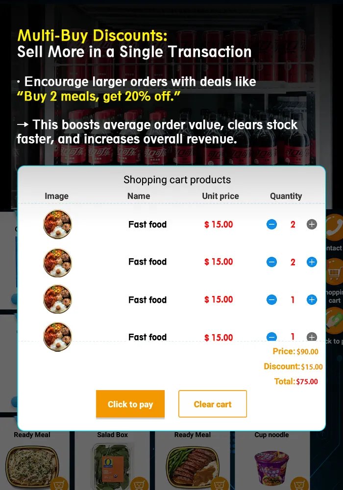 Our meal prep vending machine with multi-buy discount to sell more in a single transaction. Encourage larger orders with deals