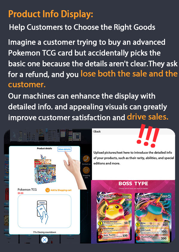 weimi wall-mounted type pokemon card vending machine with product info display.our machine can enhance the display with detailed info. and appealing visuals can greatly increase customers' shopping experience
