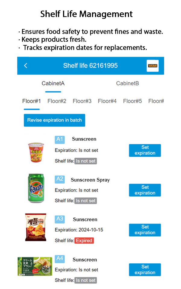 weimi refrigerator vending machine with shelf life management, this function can ensure food safety to prevent fines and waste, and keep products fresh, it also can track expiration dates for replacements.
