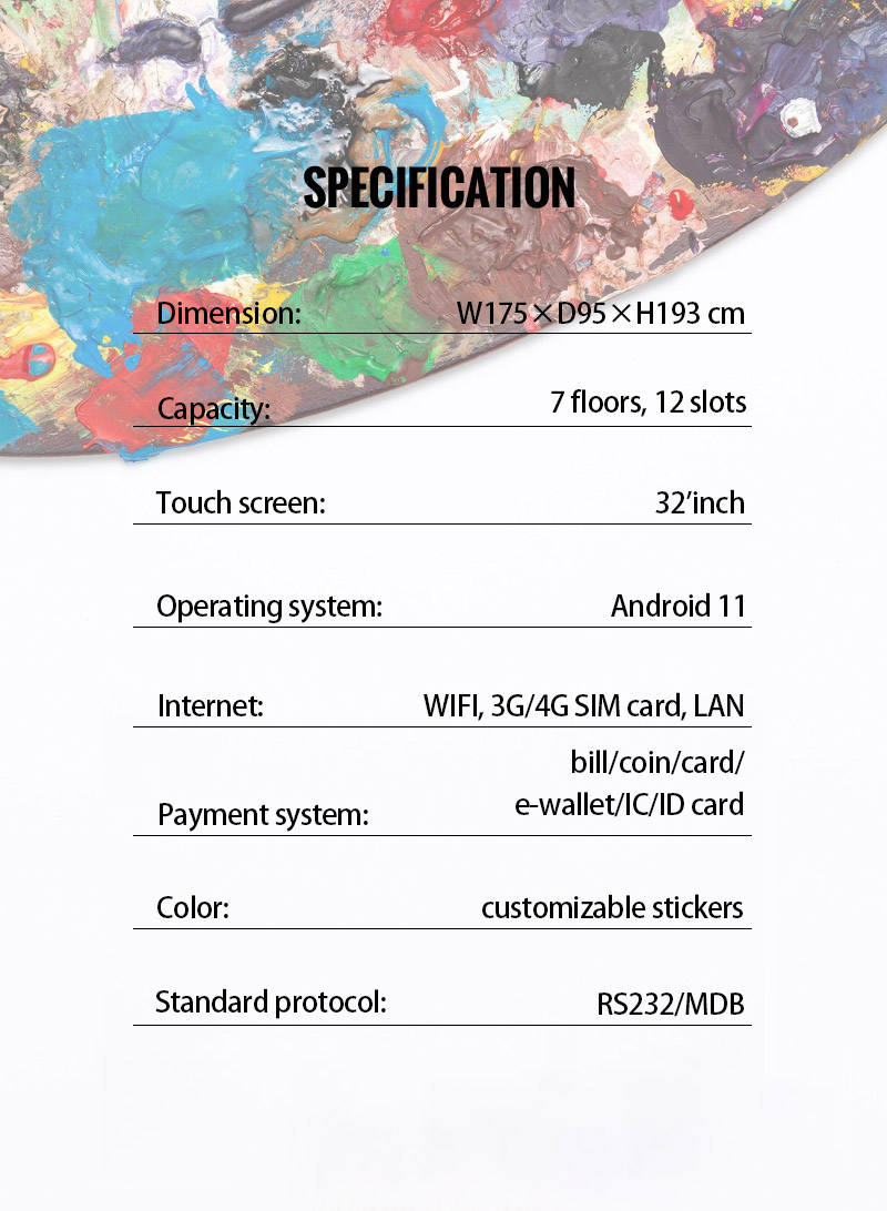 the specification of craft vending machine.our machines are large capacity with 7 floors and 12 slots