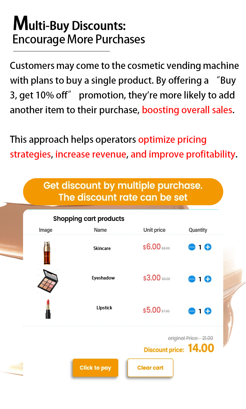 Weimi cosmetic vending machine with multi-buys discounts to encourage more purchases. this approach helps operators optimize pricing strategies, increase revenue, and improve profitability