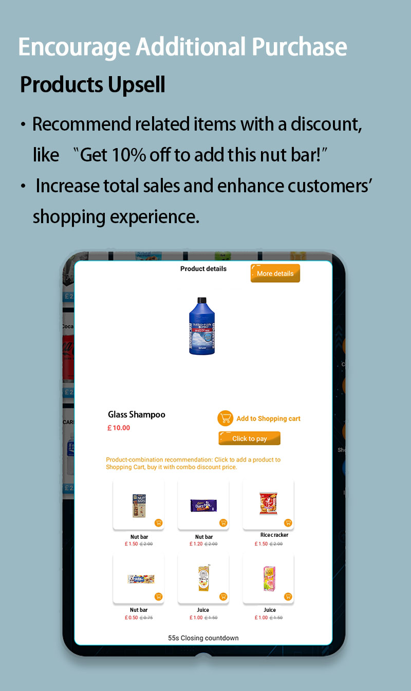 Weimi car washing vending machine products with promotion mode. our screen can recommend related items with a discount, help retailers increase total sales and enhance customer's shopping experience