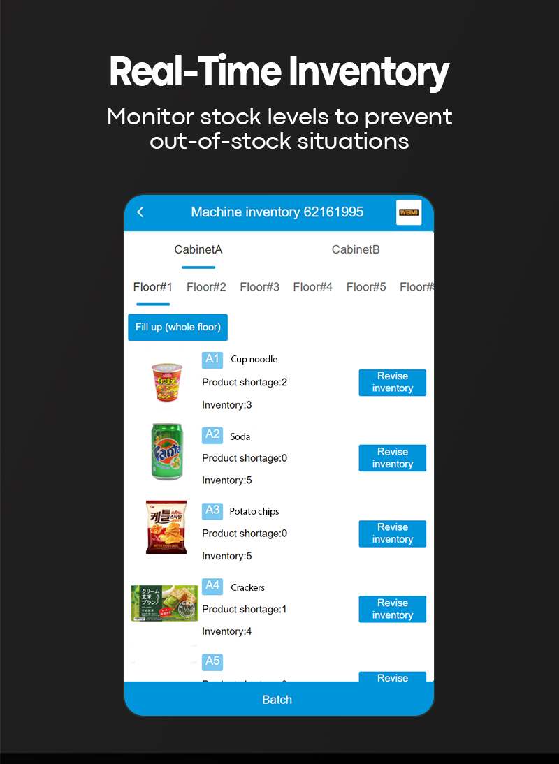 Le distributeur automatique intelligent de boissons et de collations avec écran tactile peut vérifier à distance l'inventaire en temps réel, les utilisateurs peuvent surveiller les niveaux de stock pour éviter les ruptures de stock.