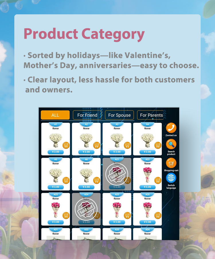 Weimi bouquet vending machine with product category for clear layout, less hassle for both customer and owners