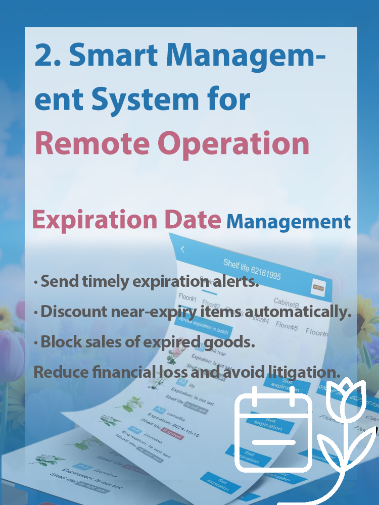 We have self-developed smart management system for remote operation. Retailers can set expired date for flowers, and setting discounts for those nearing-expire flowers to cut the lost