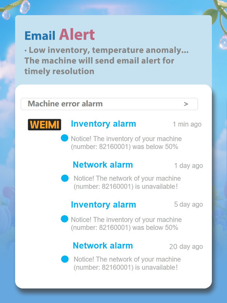 Weimi vending machine for fresh flowers. email alerts for timely response of anomaly
