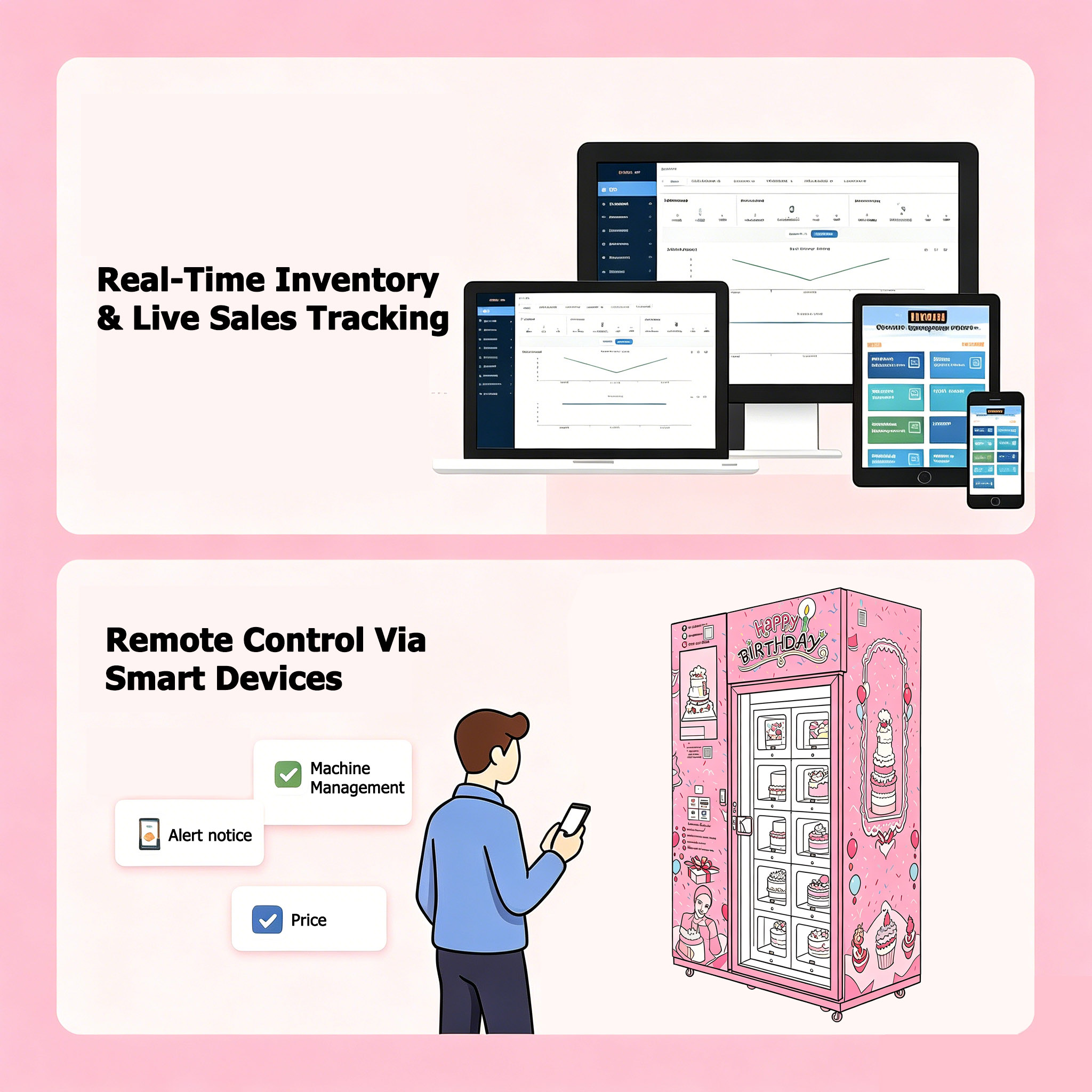 Weimi mini cake vending machine can manage multiple machines via the same backend system
