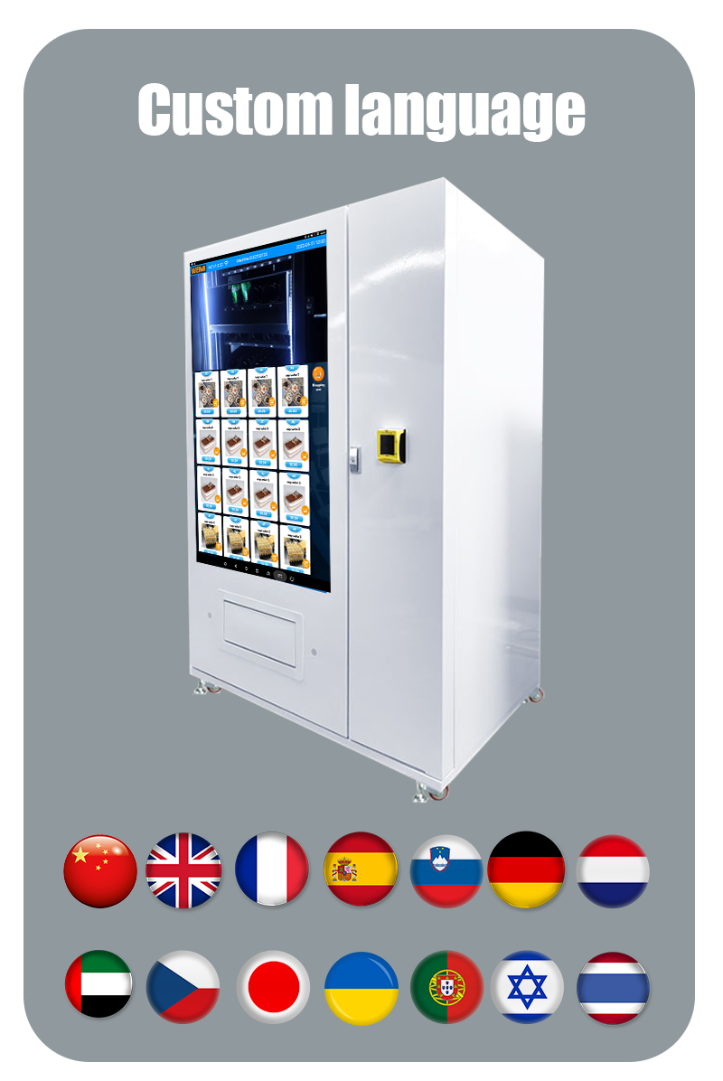 Full touchscreen vending machine for snack drink and beverage supports custom language