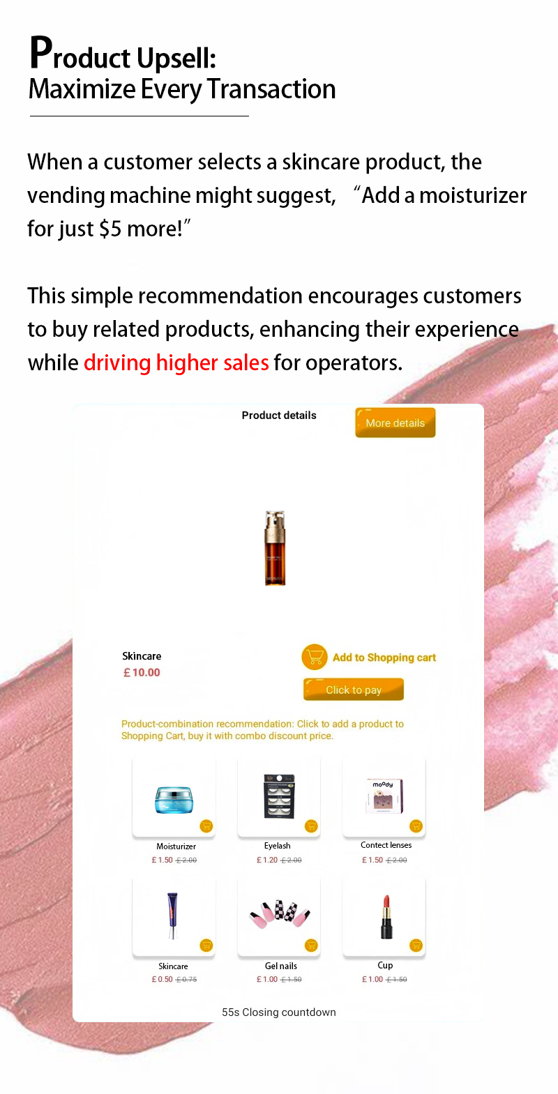 Weimi touch screen vending machine with product upsell to maximize every transaction.