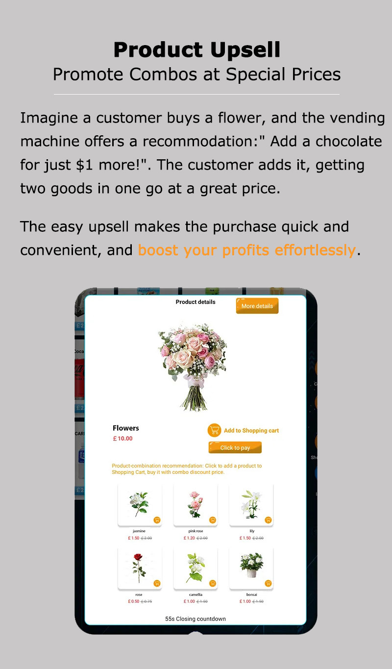 Weimi flower vending machine for small business. recommend relevant products below the choosing goods of customers to promote them in a special price, this way can boost flower owners' profits