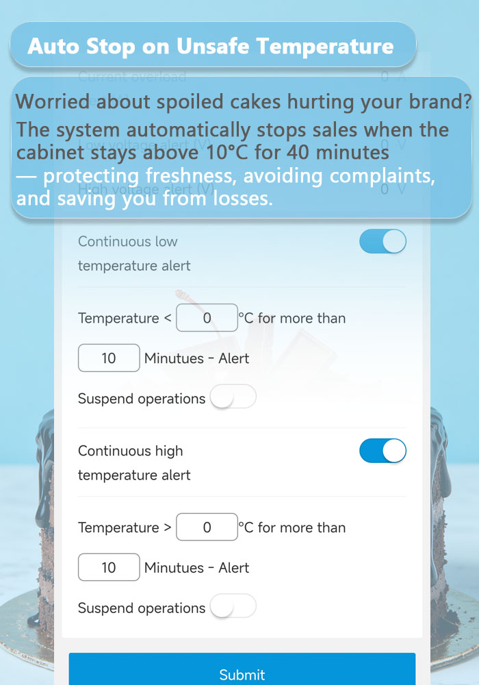 Auto stop on unsafe temperature. For protecting cake freshness to avoid complaints and saving you from losses