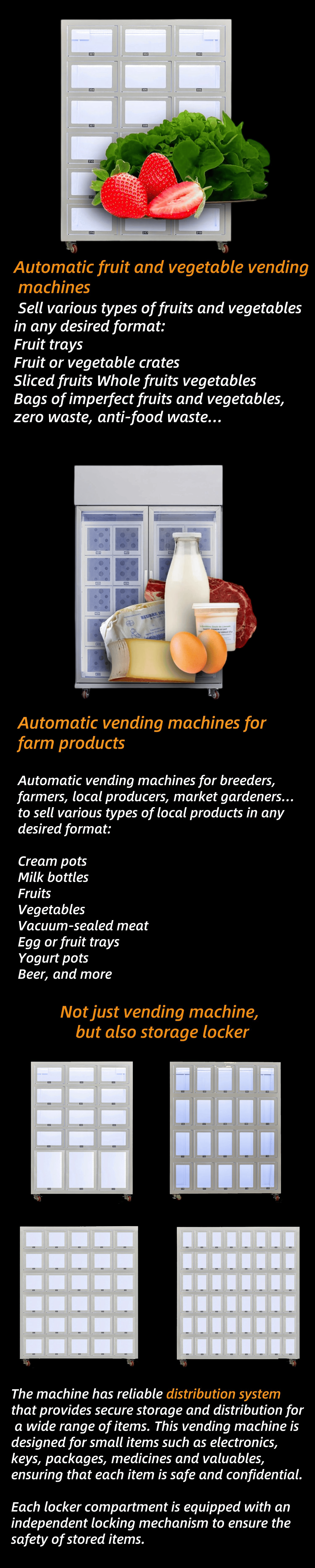 Smart locker vending machine for fresh vegetable, ready meal and fruits with refrigerator and smart management system. Support customization