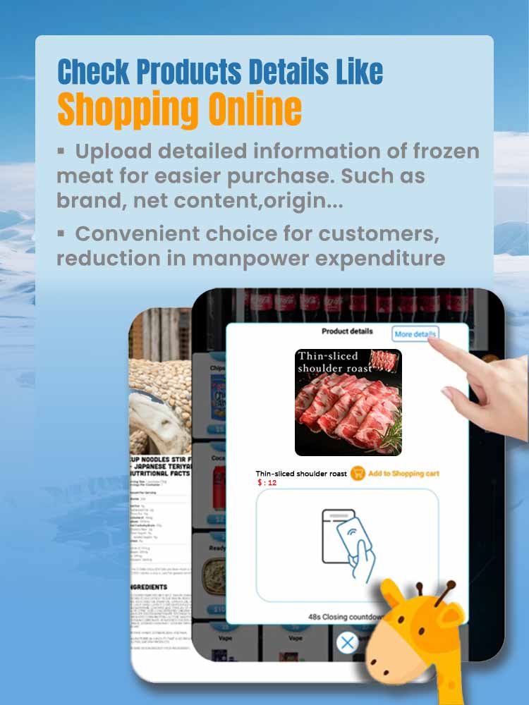 Weimi ice cream vending machine with 22 inch touchscreen. Retailers can upload detailed information of frozen meat for easier purchase