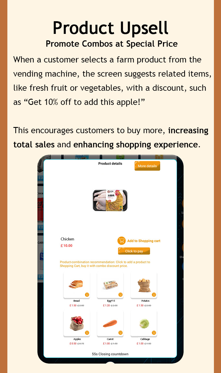 Weimi farmers' fridge vending machine with the function of product upsell to prommote combos at special price. this encourage customers to buy more, increasing total sales and enhancing shopping experience