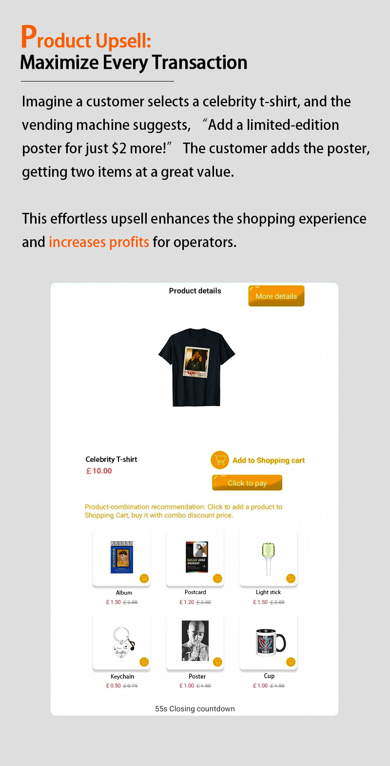 weimi vending machine with elevator. our machine has the function of product upsell for maximizing every transaction. this effortless upsell enhances the shopping experience and increases profits for operators