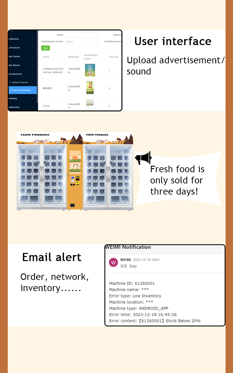 weimi egg vending machine with customized locker size. User-friendly interface supports for uploading ads/sound. email alert when the machines have some trouble, so as to prevent losing sales