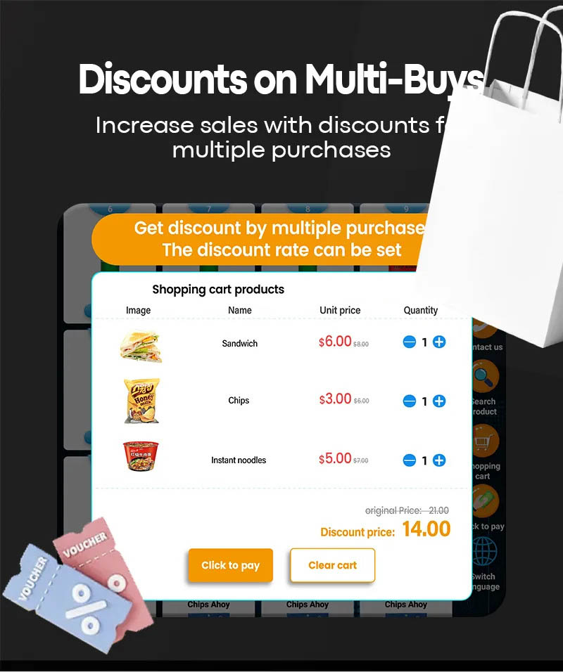 Large Capacity Two in One Beverage Cigarette Dispenser Vending Machine with Middle Pick-up Touch Screen and Top Screen. discounts on multi-buys to increase sales with discounts