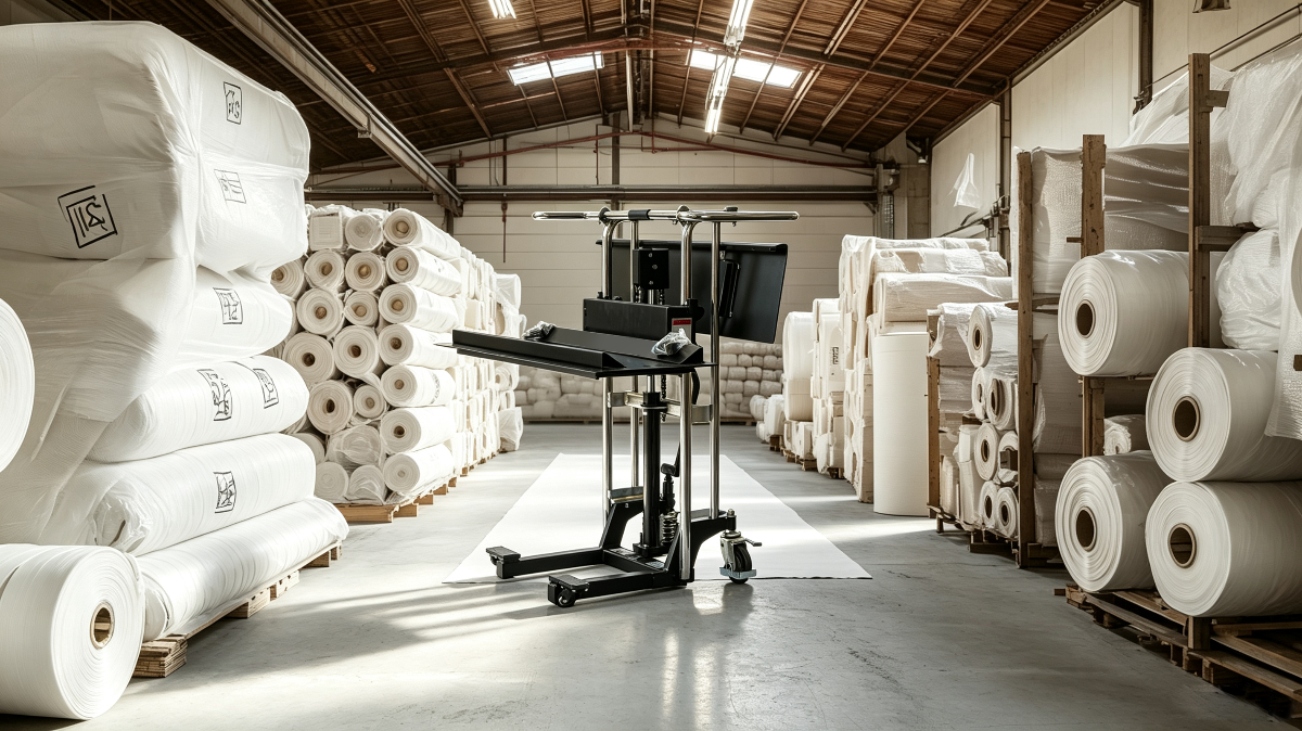 Paper roll lifter positioned in a roll storage aisle