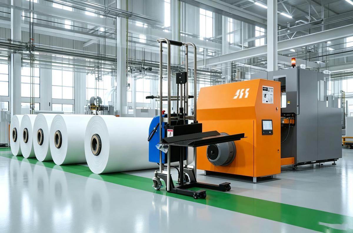 Paper roll lifter positioned beside industrial converting equipment