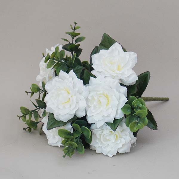 Elegant silk peony arrangement featuring lifelike white peony fake flowers, beautifully paired with artificial eucalyptus leaves.