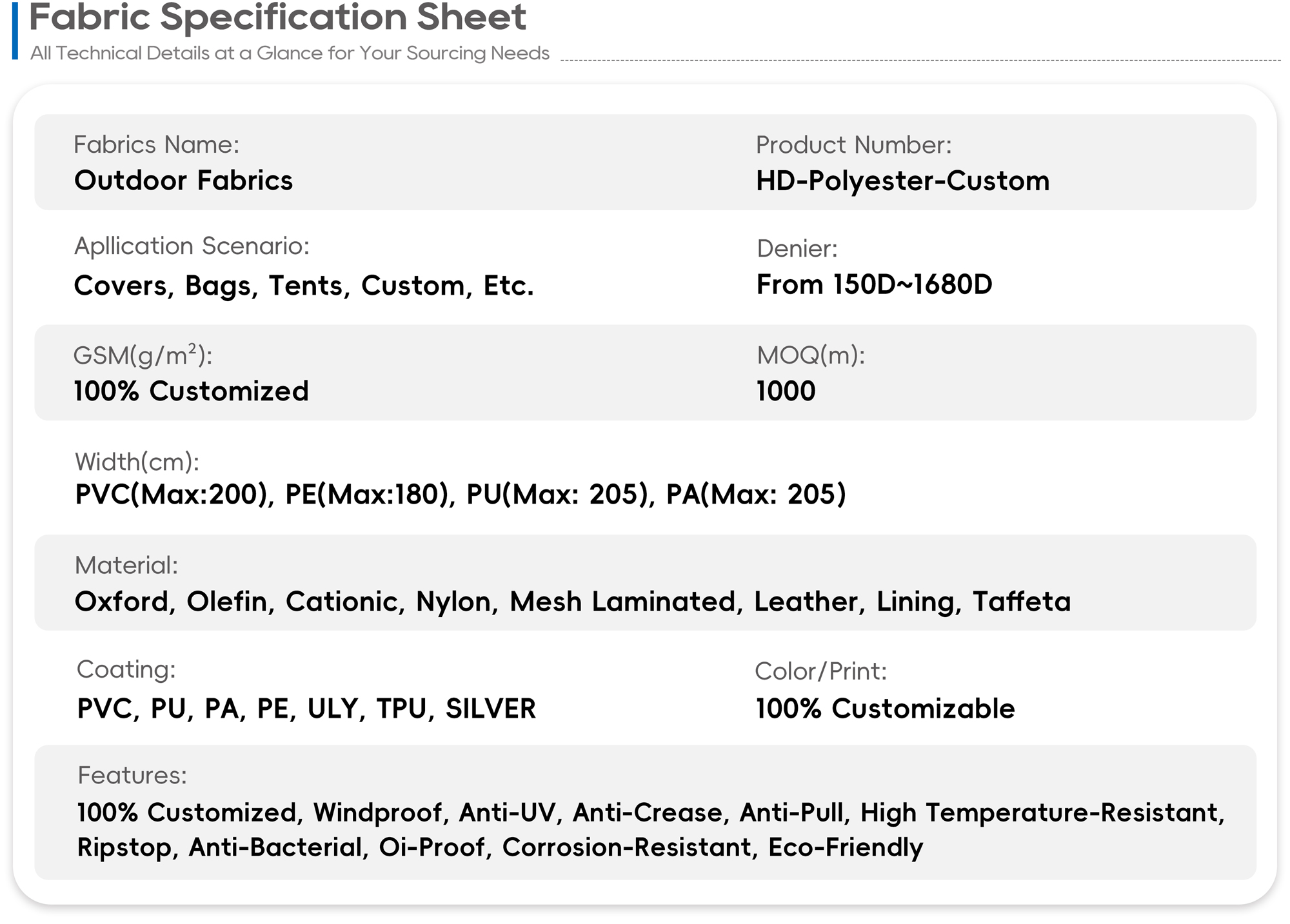 Outdoor Fabric Specification Sheet-HongdaTEX