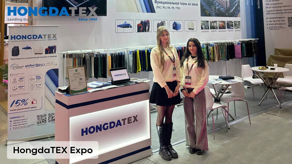 HongdaTex outdoor fabric expo booth showcases custom waterproof Oxford, 600D PVC - coated polyester, and recycled materials. As a 1995 - founded premium polyester manufacturer and world - class Oxford cloth supplier, we’re a leading PVC - coated outdoor cloth company. Visit our expo for oxford fabric with PVC coating and recycled options.