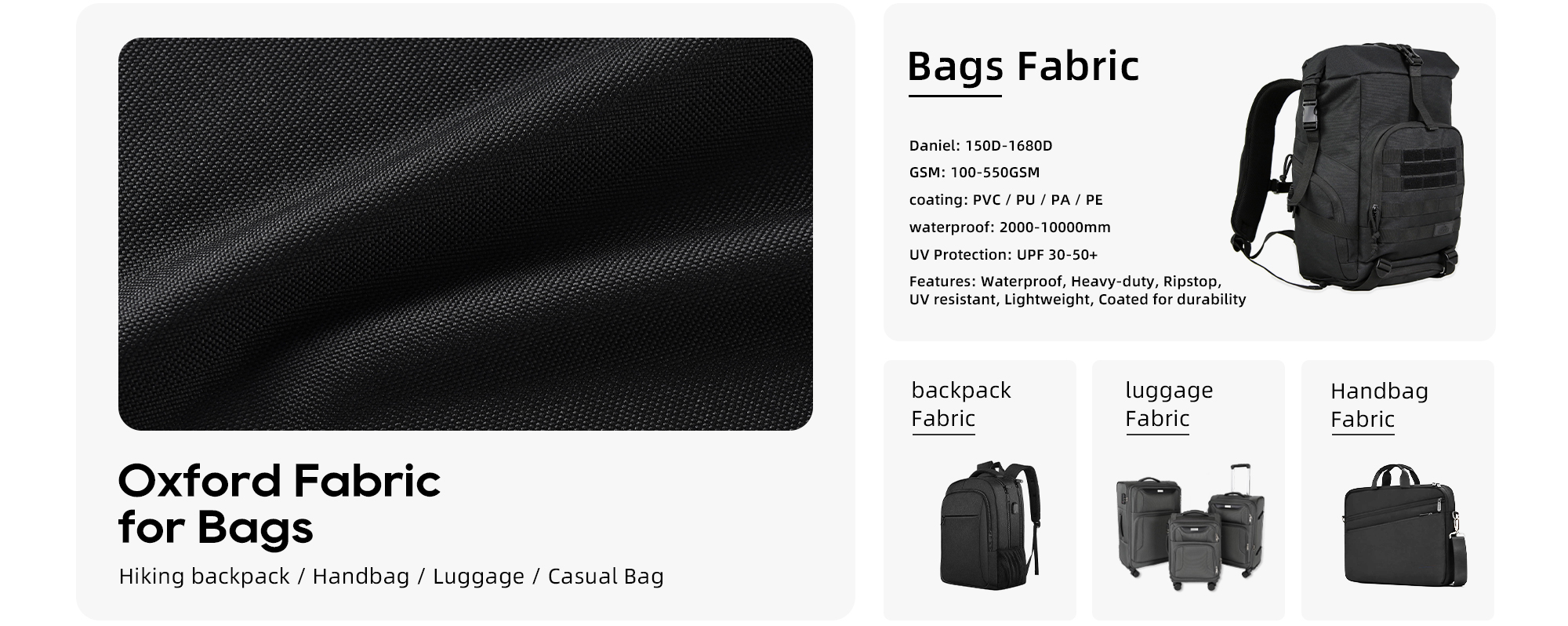 Durable Oxford fabric for bags, including backpacks, handbags, luggage, and casual bags. Features include waterproofing (2000-10000mm), UV protection (UPF 30-50+), heavy-duty, ripstop, and lightweight coatings for enhanced durability and long-lasting performance.