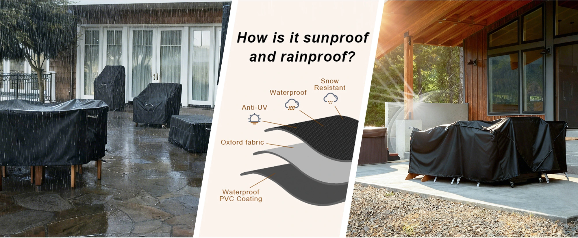 Outdoor furniture covers made with Oxford fabric and waterproof PVC coating, providing excellent protection against rain, snow, and UV rays. Designed to withstand various weather conditions, these covers ensure your outdoor furniture remains safe and durable.