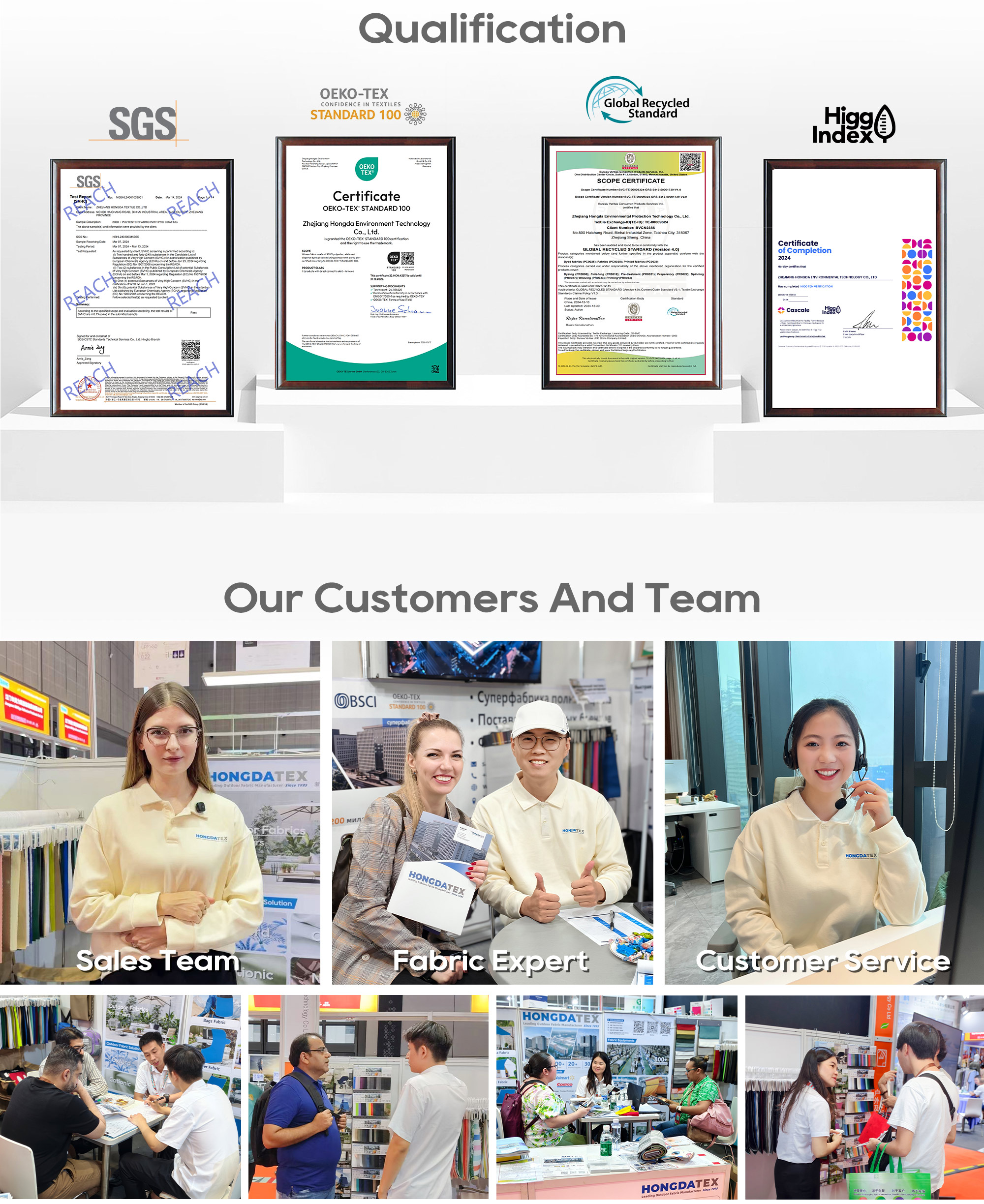 HongdaTEX qualifications include SGS, OEKO-TEX, Global Recycled Standard, and Higg Index certifications, ensuring high-quality and sustainable outdoor fabrics. Our dedicated sales, fabric experts, and customer service teams provide excellent support to our global clients, showcasing our commitment to quality and customer satisfaction.