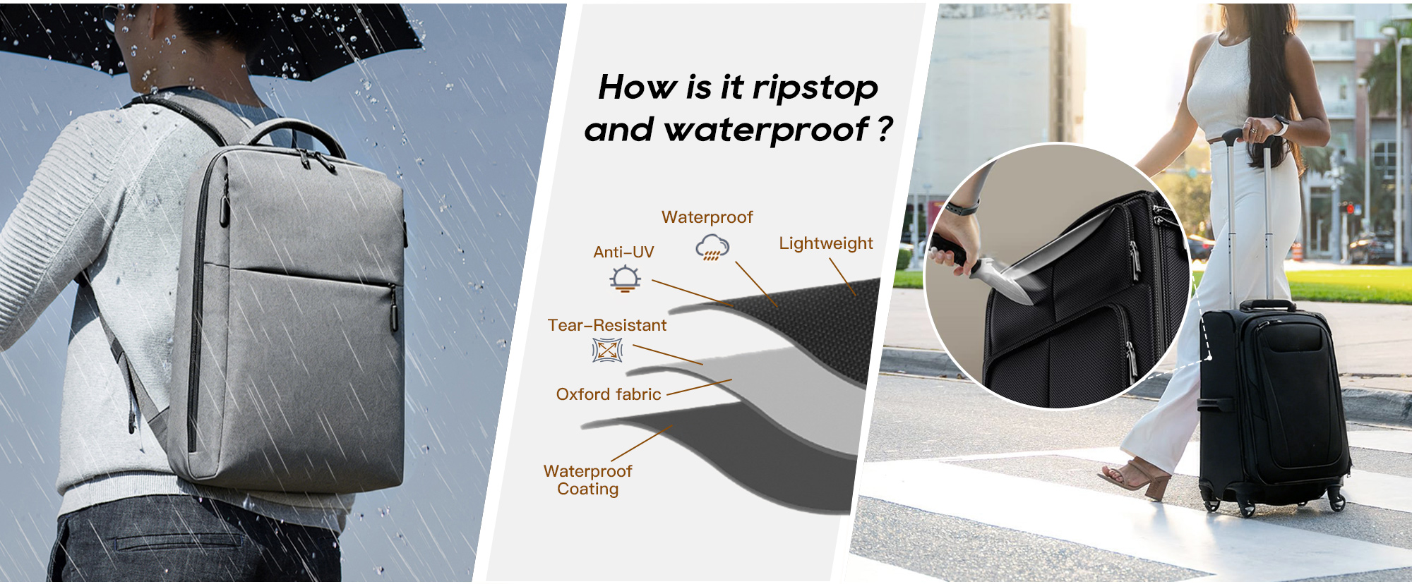 Oxford fabric for backpacks and luggage, designed to be waterproof, lightweight, and tear-resistant. The fabric features anti-UV protection, making it ideal for outdoor use and long-term durability. The image showcases its practical application in everyday travel and outdoor activities.