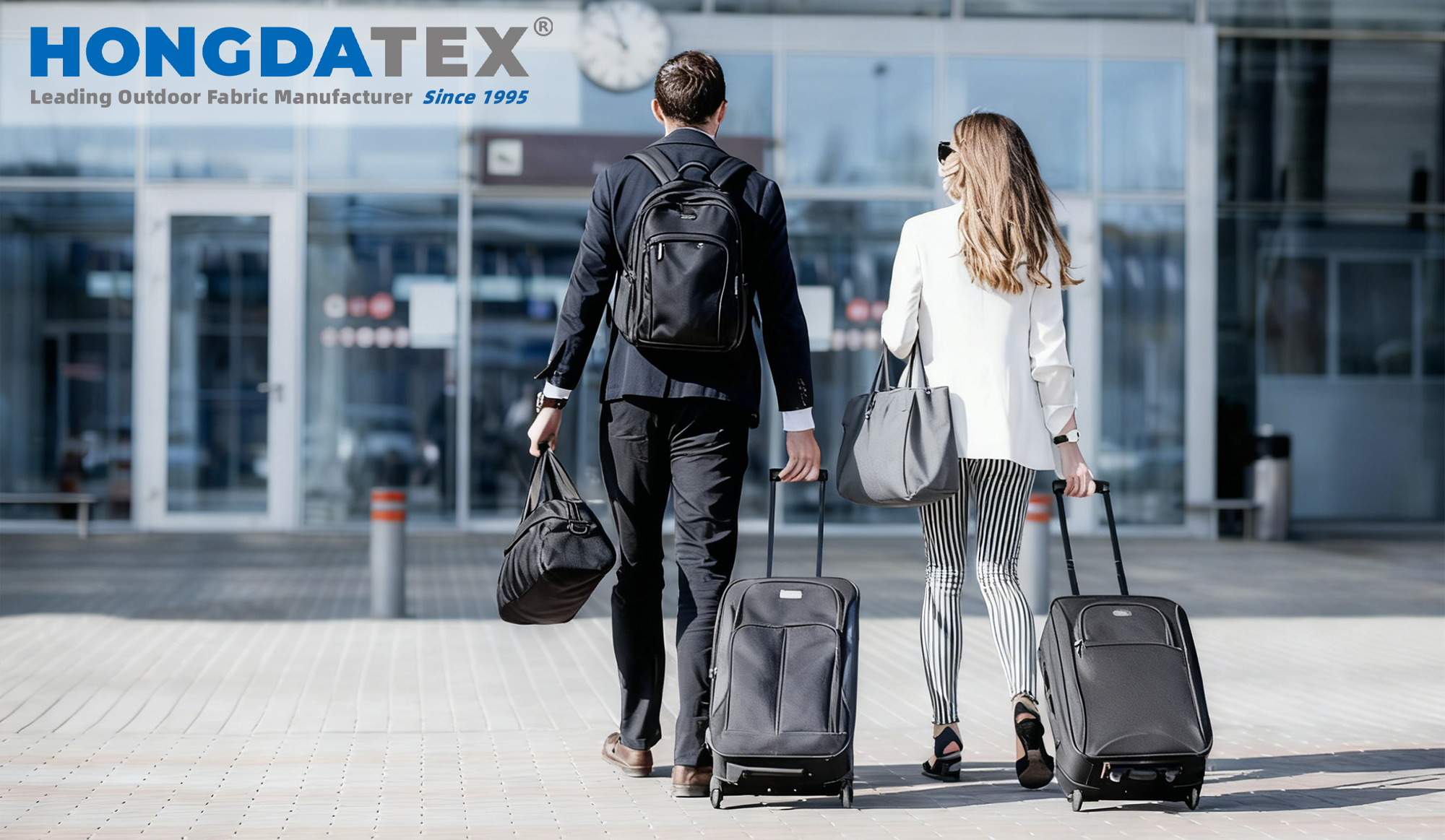 Business travelers carrying bags and luggage made from durable fabrics, showcasing high-quality materials from HongdaTEX. Ideal for backpacks, suitcases, and travel gear, our fabrics provide long-lasting durability and protection for all your travel needs.