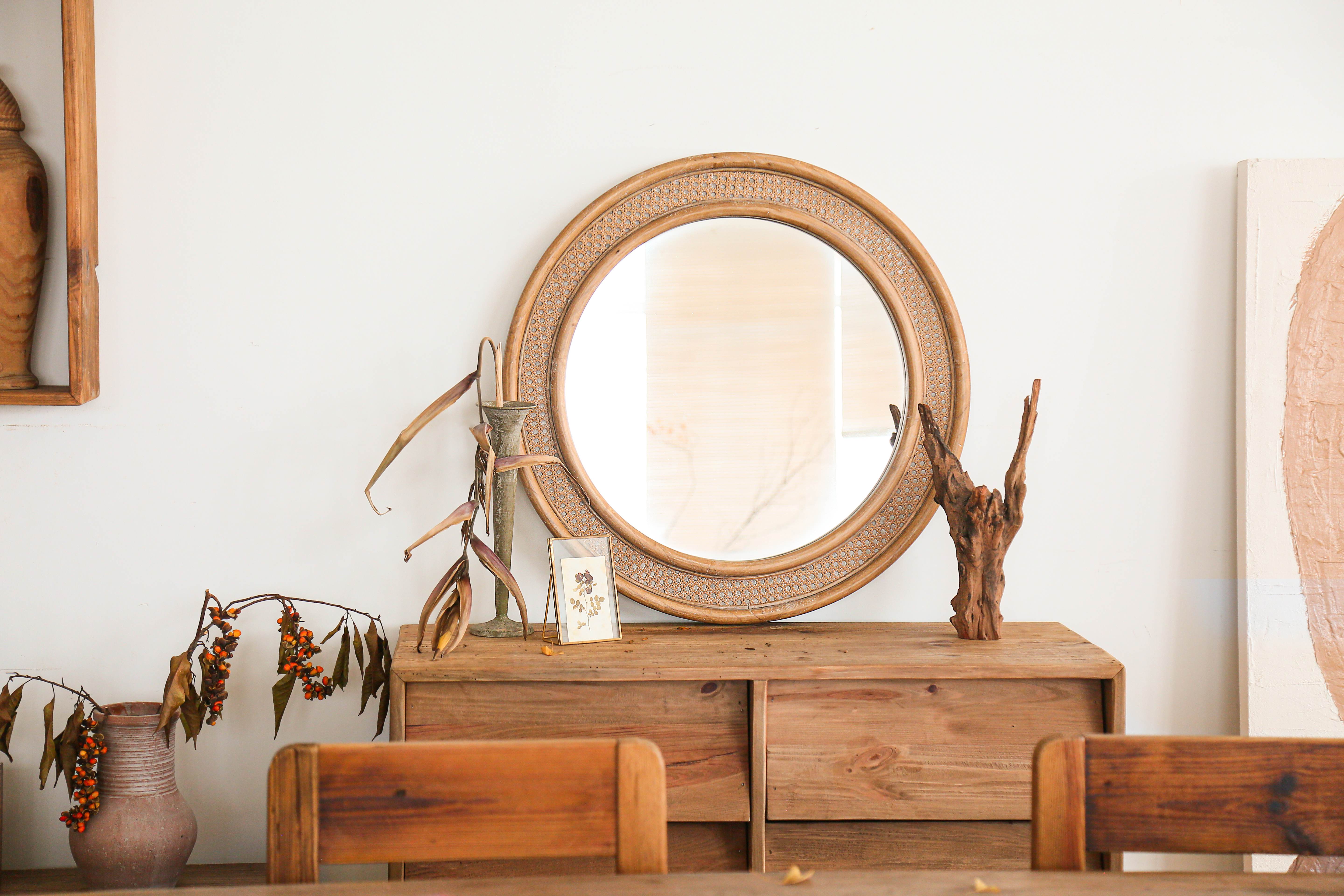 wicker rattan mirror,bamboo rattan mirror,rattan mirror nursery of Brinley Rattan Mirror Round Boho Wall Mirror